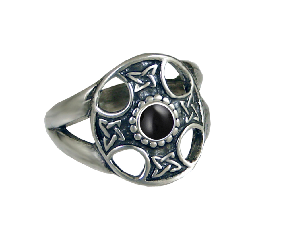 Sterling Silver Celtic Solar Cross Ring With Black Onyx Size 10